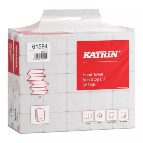   Katrin Non-Stop Long Handy Pack interfold ''W'' hajtogatott kéztörlő, 2 rétegű, fehér, 20,3x32 cm, 120 lapos, 25 csomag/zsák