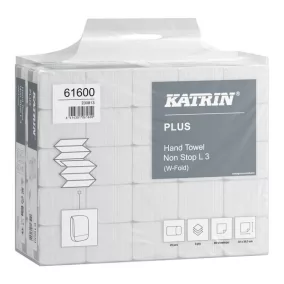   Katrin Plus Non-Stop Long Handy Pack interfold ''W'' hajtogatott kéztörlő, 3 rétegű, hófehér, 20,3x32 cm, 90 lapos, 25 csomag/zsák