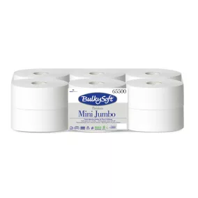   BulkySoft Premium mini Jumbo extra gyorsan oldódó toalettpapír (wc papír), 19cm, 2 rétegű, hófehér, nem perforált, 145 méter/tekercs, 12 tekercs/zsák