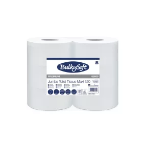   BulkySoft Premium maxi Jumbo extra gyorsan oldódó toalettpapír (wc papír), 25,5cm, 2 rétegű, hófehér, 320 méter/tekercs, 6 tekercs/zsák