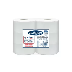   BulkySoft Active Clean Mini Jumbo toalettpapír (wc papír), 20cm, 2 rétegű, hófehér, 200 méter/tekercs, 12 tekercs/zsák