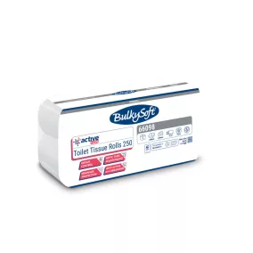   BulkySoft Active Clean szállodai toalettpapír (wc papír), 2 rétegű, 250 lapos, hófehér, 8 tekercs/csomag