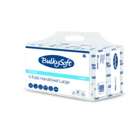   BulkySoft Classic V ''250'' hajtogatott kéztörlő, 2 rétegű, hófehér, 24x21 cm, 250 lap, Easybag csomagolás, 12 csomag/zsák