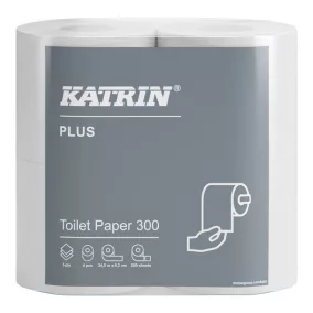   Katrin Plus Toilet 300 toalettpapír (wc papír), 3 rétegű, hófehér, 300 lapos, 4 tekercs/csomag, 6 csomag/zsák