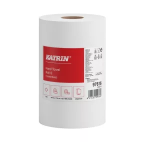   Katrin S/100 tekercses kéztörlő, 14cm, 1 rétegű, hófehér, 400 lapos, 100 méter/tekercs, 100% cellulóz, 12 tekercs/zsák