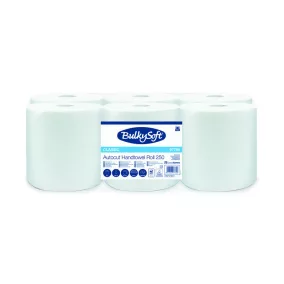   BulkySoft Universal Long System laponkénti adagolású kéztörlő (NVA), 20 cm, 2 rétegű, hófehér, 250 méter/tekercs, 100% cellulóz, 6 tekercs/zsák