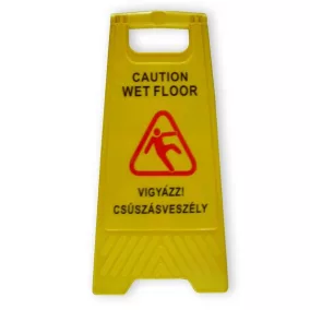 Csúszásveszély figyelmeztető tábla, magyar-angol