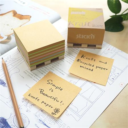 Öntapadó jegyzettömb, 76x76 mm, 400 lap, mini raklap, STICK N "Kraft Cube", barna