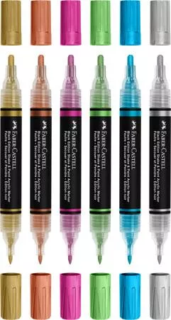 Dekormarker készlet, 1,0/3,0 mm, kétvégű, akril, FABER-CASTELL "Shake&Paint", 6 különböző metál szín