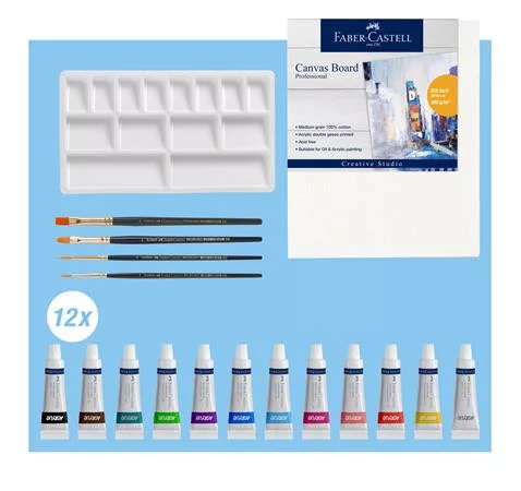 Akrilfesték készlet festővászonnal, tubusos, FABER-CASTELL "Creative Studio", 12 különböző szín