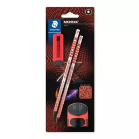   Grafitceruza készlet, hegyezővel, radírral, HB, STAEDTLER "Norix® 181", piros