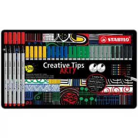   Tűfilc készlet, fém doboz, STABILO "Creative Tips ARTY", 6 különböző szín, 5 különböző vastagság