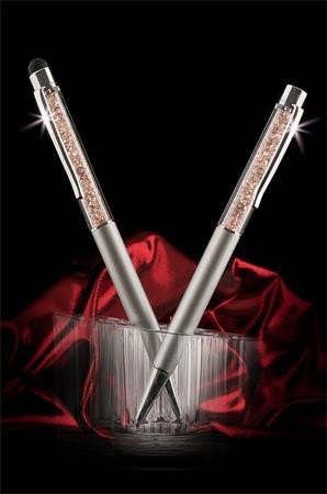 Golyóstoll, ezüst, felül arany SWAROVSKI® kristályokkal töltve 14 cm, ART CRYSTELLA®