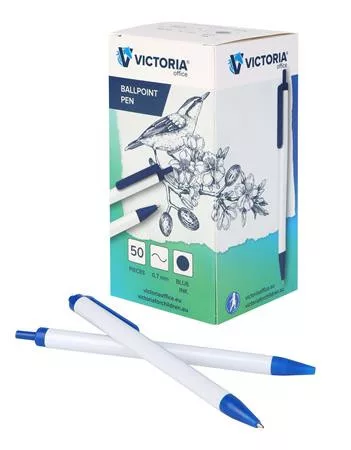 Golyóstoll, 0,7 mm, nyomógombos, kék-fehér tolltest, VICTORIA OFFICE, kék