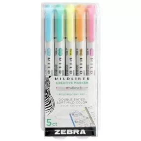   Szövegkiemelő készlet, 1,4/4,0 mm, kétvégű, ZEBRA "Mildliner Fluorescent", 5 szín