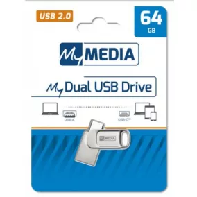   Pendrive, 64GB, USB 2.0 + USB-C, alumínium ház, MYMEDIA "Dual" (by VERBATIM)