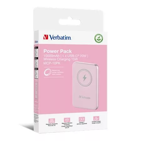 Power bank, mágneses (vezeték nélküli), 10.000mAh, VERBATIM "MCP-10, rózsaszín