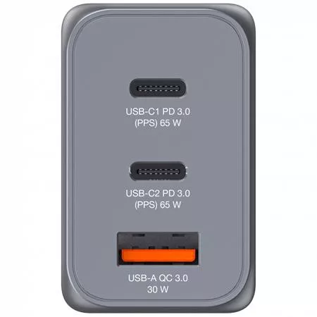 Hálózati töltő, 2xUSB-C PD (65W), USB-A QC 3.0, EU/UK/US, GaN, VERBATIM