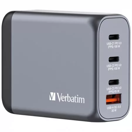 Hálózati töltő, 2xUSB-C PD (100W), USB-C PD (65W), USB-A QC 3.0, EU/UK/US, GaN, VERBATIM