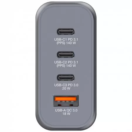 Hálózati töltő, 2xUSB-C PD (140W), USB-C PD (20W), USB-A QC 3.0, EU/UK/US, GaN, VERBATIM