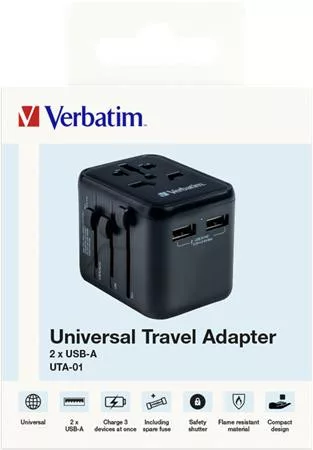 Utazóadapter, univerzális, 2xUSB, VERBATIM "UTA-01"