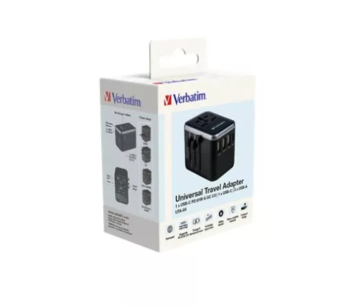 Utazóadapter, univerzális, USB-A(QC 3.0)/USB-C(PD61W)2xUSB, VERBATIM "UTA-04"