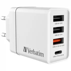   Hálózati töltő, 1xUSB-C PD (20W), USB-A QC 3.0, 2xUSB-A (10W), VERBATIM, fehér