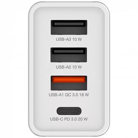 Hálózati töltő, 1xUSB-C PD (20W), USB-A QC 3.0, 2xUSB-A (10W), VERBATIM, fehér